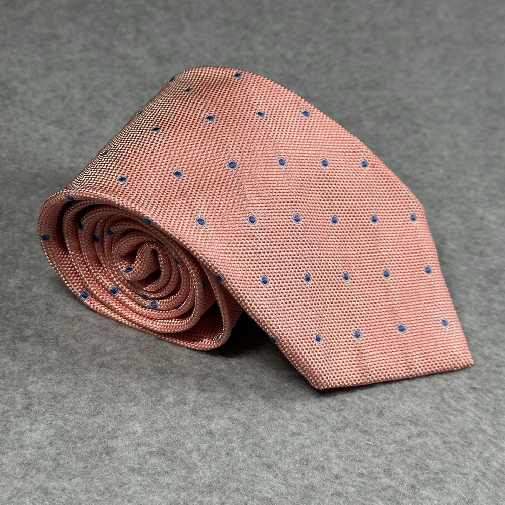 Austin Reed Silk Tie Salmon Pink Blue Polka Dot Made England 59x3.6in